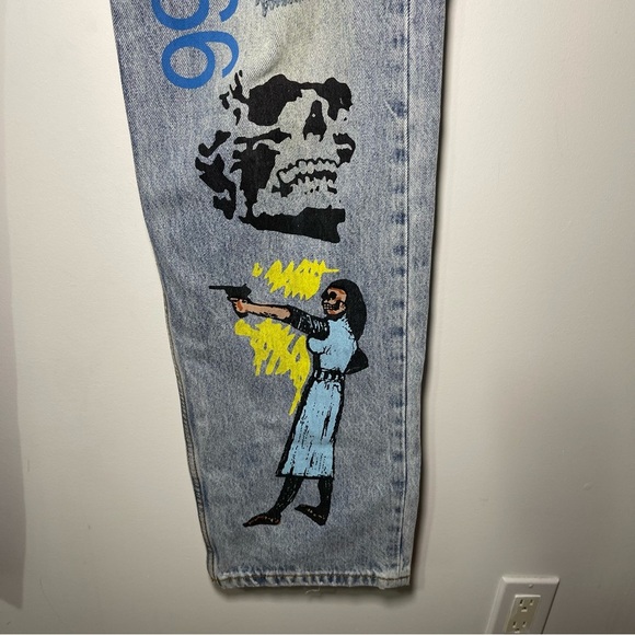 MNML Men's light wash straight leg devil diabolical skull grunge denim jeans 36 - Picture 6 of 11